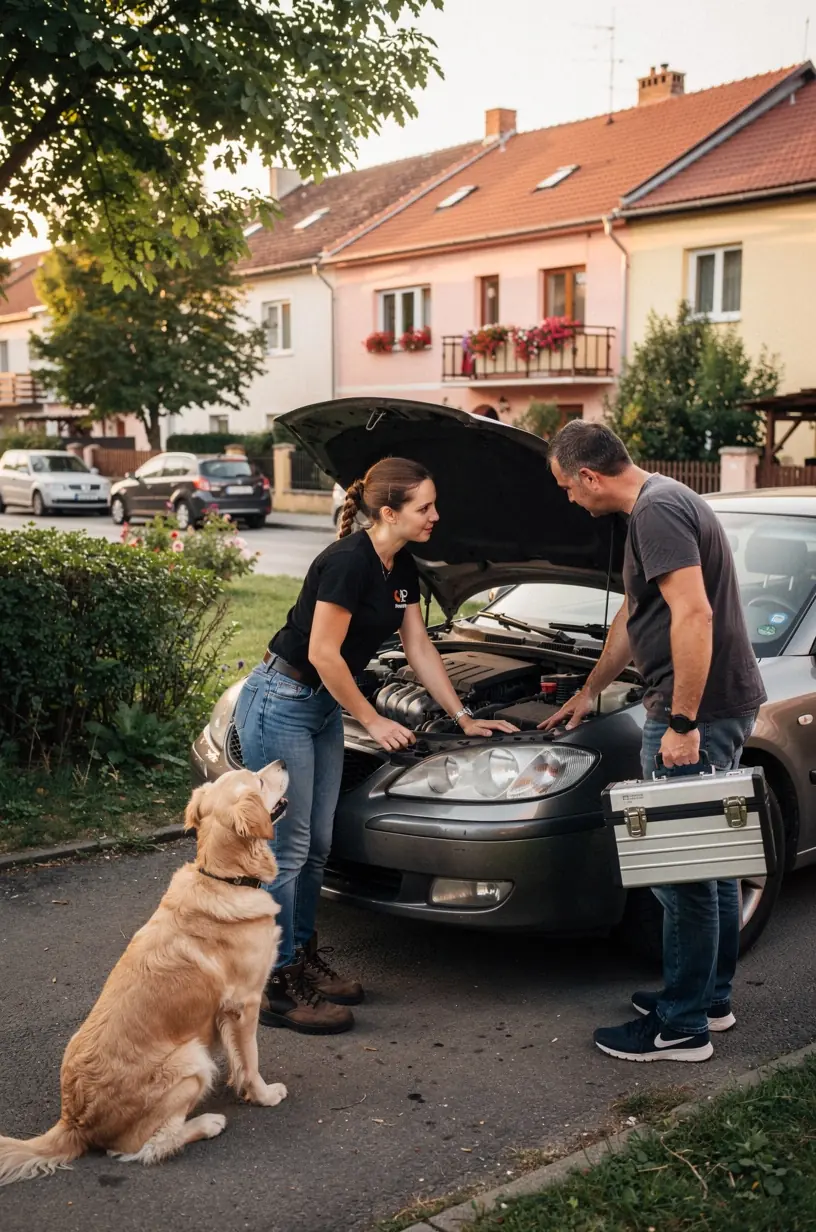 Technik mobilnej služby kontroluje brzdy a bezpečnostné prvky auta počas terénnej opravy.